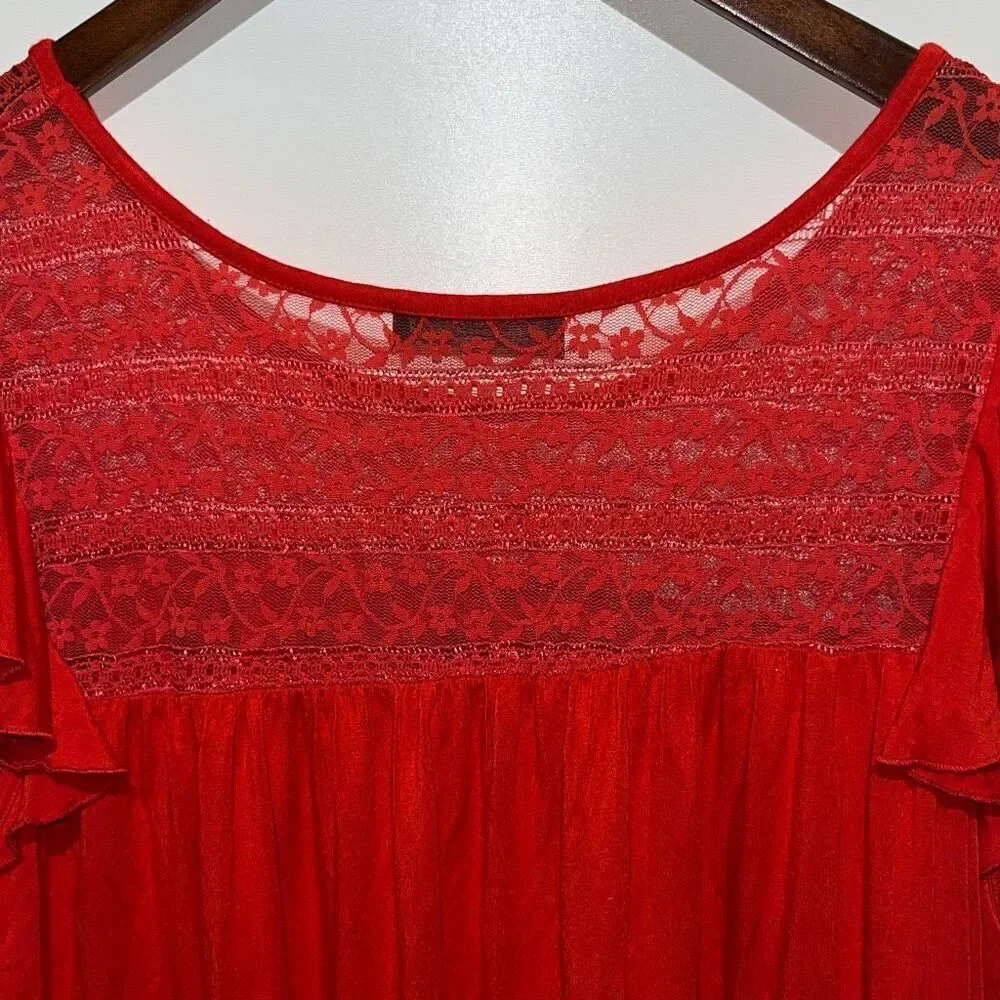 Doublju Women's Red Floral Lace Short Flutter Sleeve Pullover‎ Blouse Size 2XL
